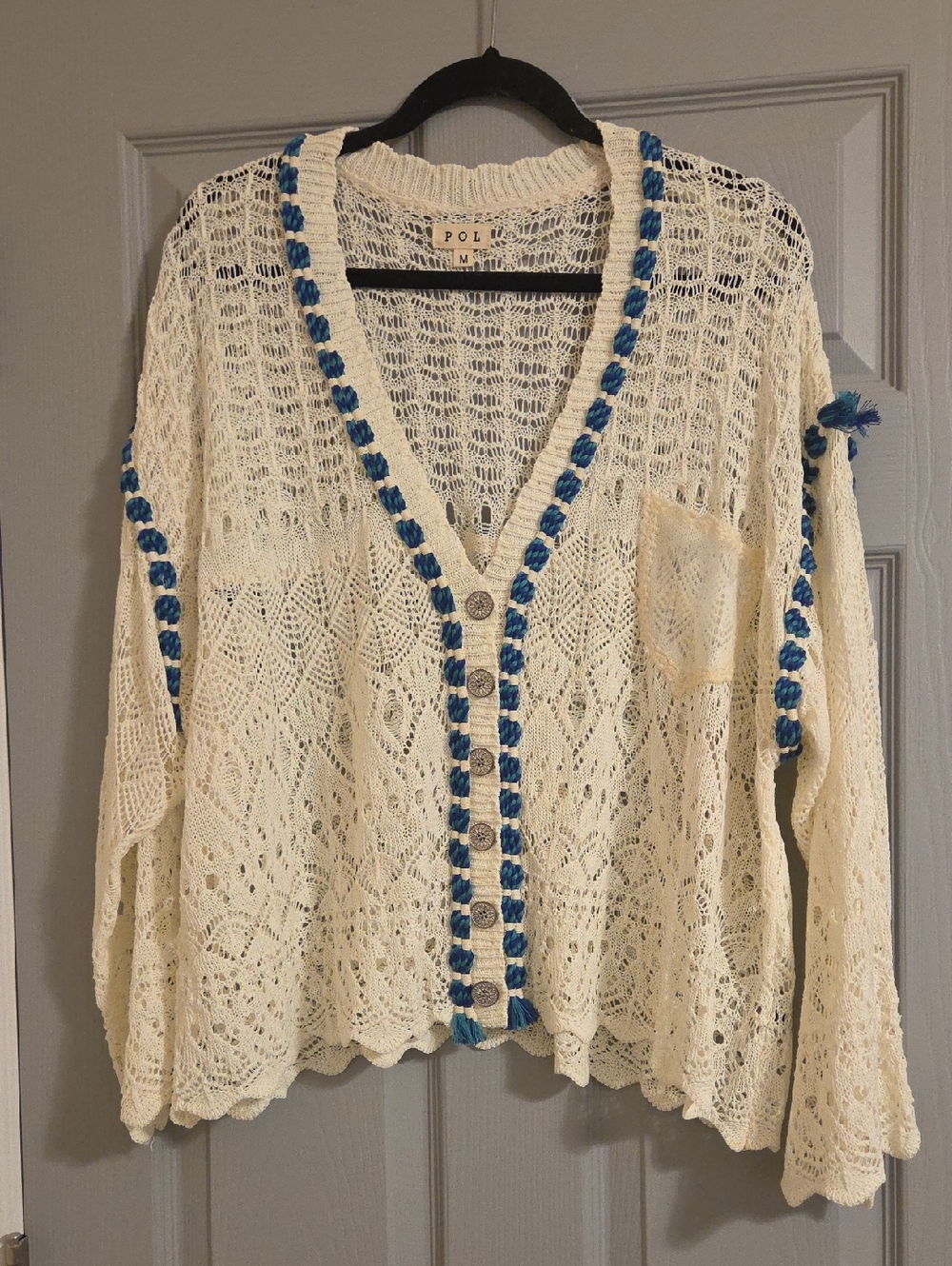 POL Crochet V-Neck Button Front Cardigan Sweater - Cream with Blue Trim